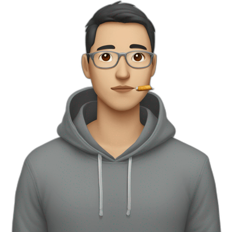 kazakh guy big lips with glasees in a grey hoody, smokes sigarete emoji