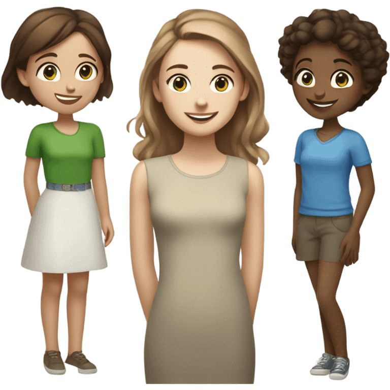 Three girls friends white skin, one of them with light brown hair and green eyes, another with dark brown hair and brown eyes and another with light brown hair and blue eyes, talking and laughing  emoji