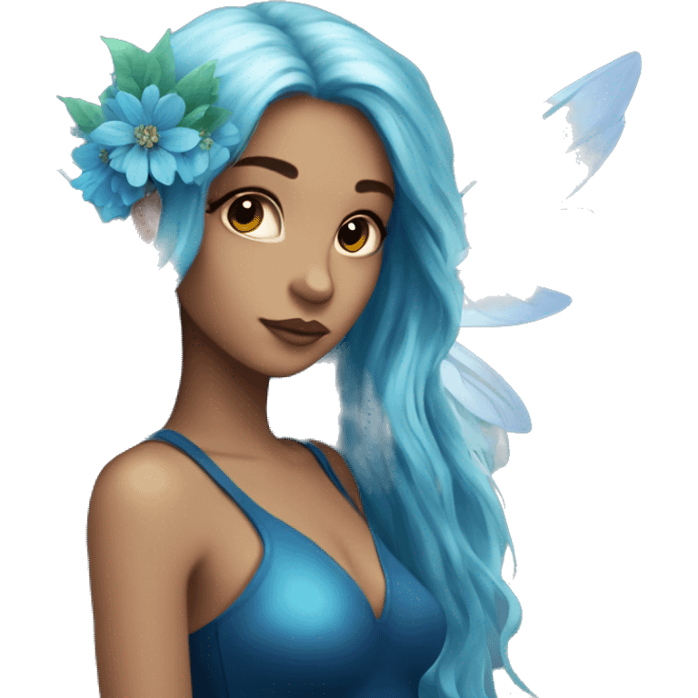 Beautiful, flower, fairy, blue, turqoise, silver, navy, long hair, big wings emoji