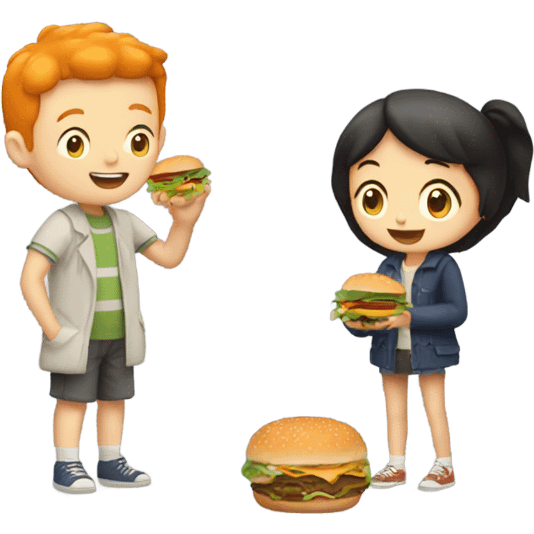 Tall ginger boy and a short asian girl eating burgers together  emoji