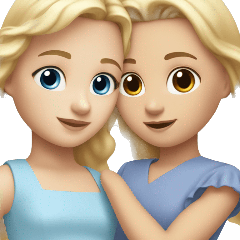 girl with blonde hair and blue eyes in a light blue dress, holding hands with a girl with brown hair and brown eyes in a periwinkle dress emoji