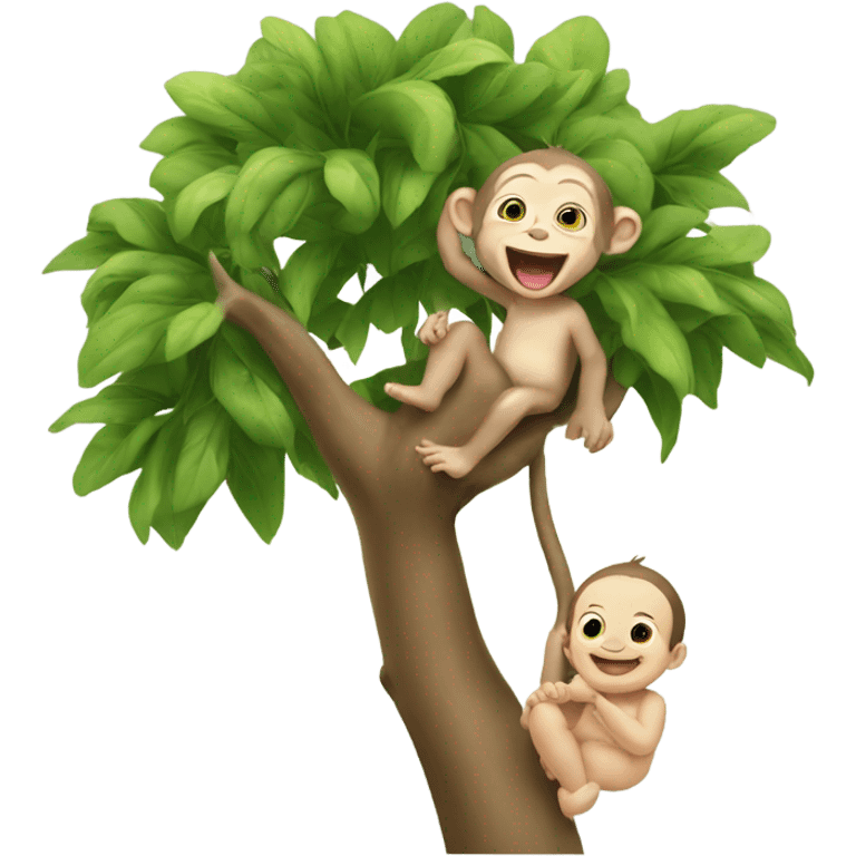 Baby laughing in tree with monkey in hand emoji