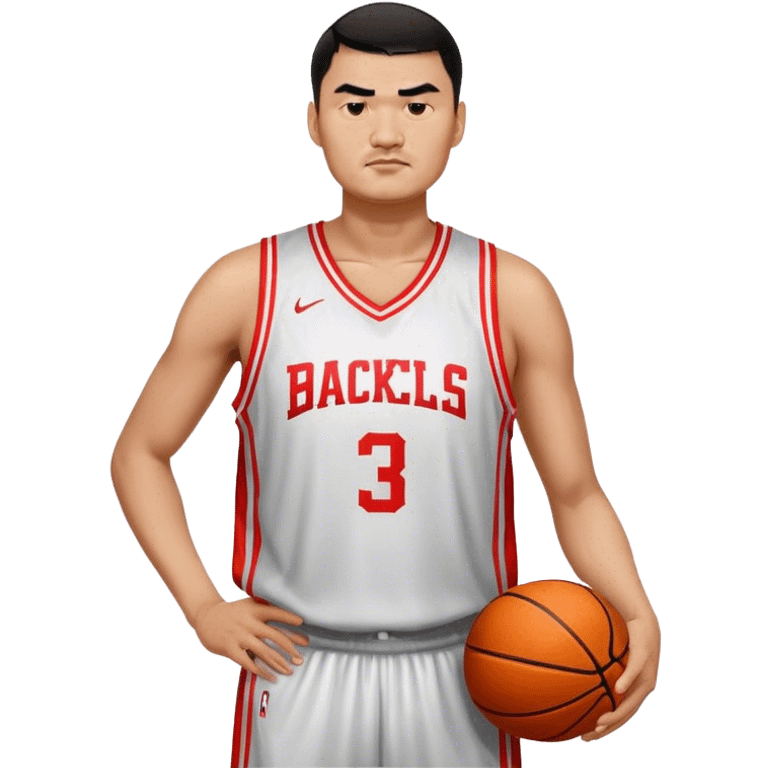 Yao Ming – Cinematic Realistic Portrait of Yao Ming, depicted as a towering basketball icon in a modern uniform, with a gentle yet determined expression and dynamic arena lighting that highlights his immense stature and graceful athleticism. emoji