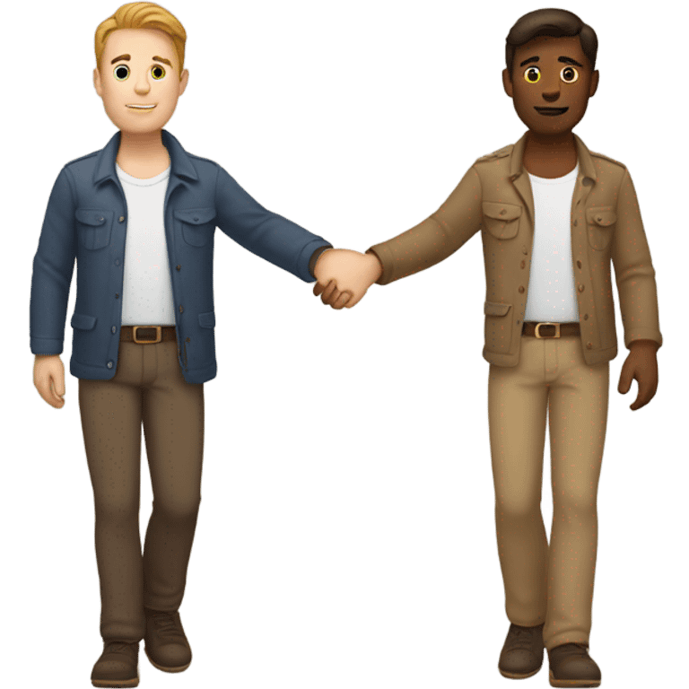 Two gay white men with brown hair, holding hands emoji