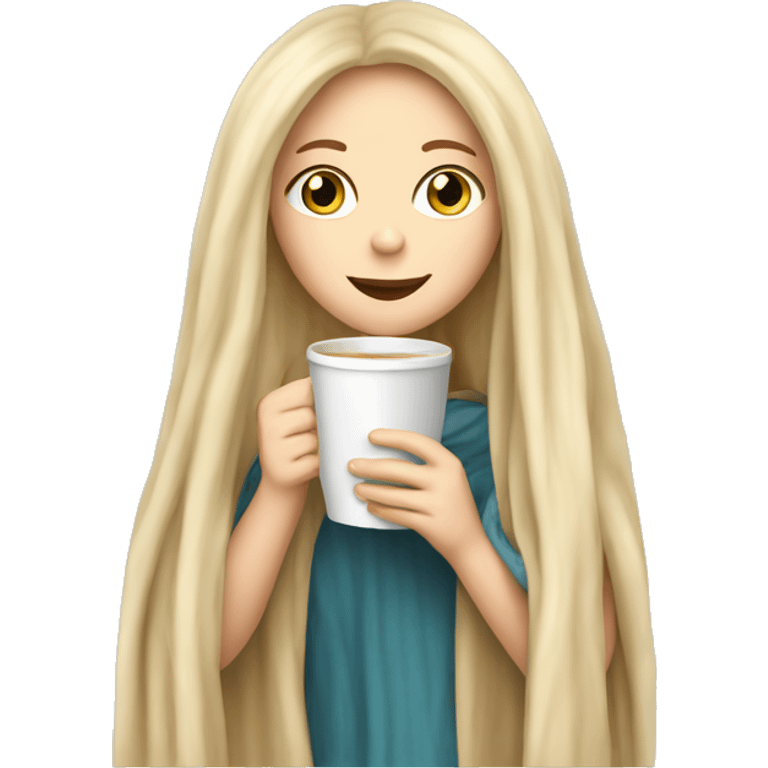 A pretty white girl with very long blond hair in a blanket sipping coffee emoji