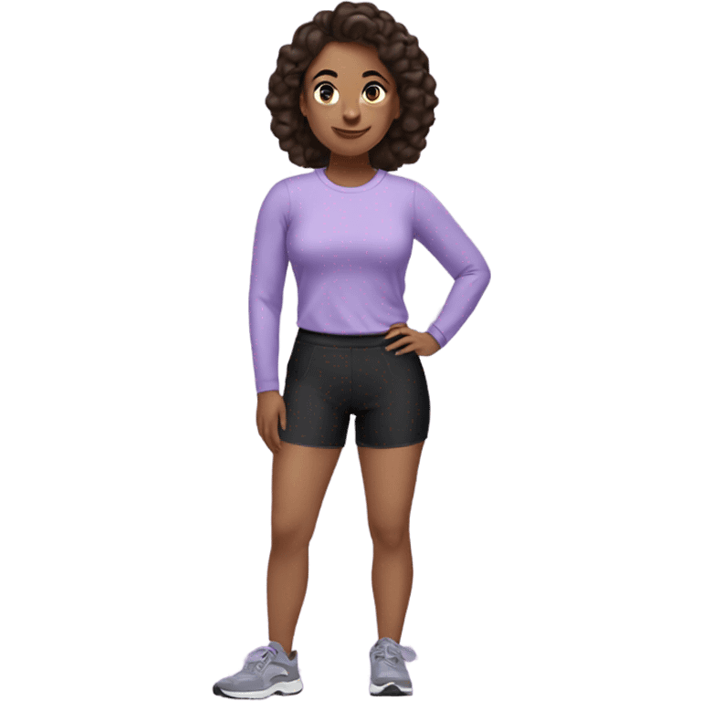 Brunette lady in lilac long sleeve shirt and black gym shorts emoji