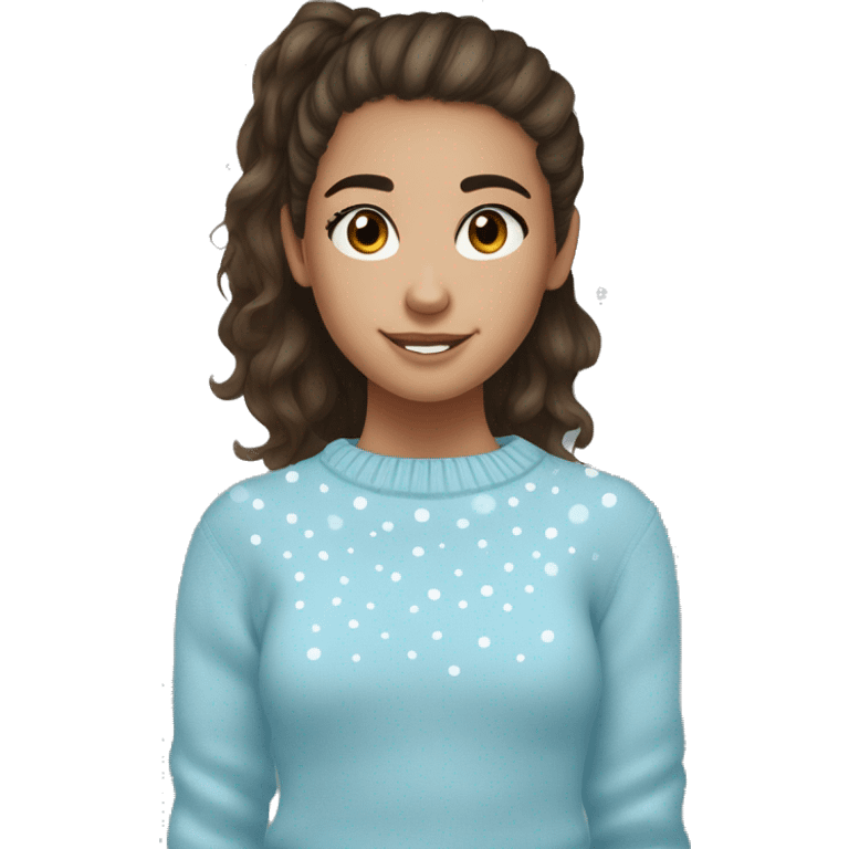 teenage girl, hispanic, freckles, afro brown hair, pony tail, short hair, brown eyes, light blue sweater, winter sweater, freckles, face dots emoji