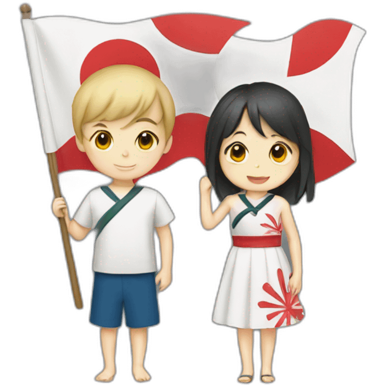 boy and girl holding Japanese flag emoji