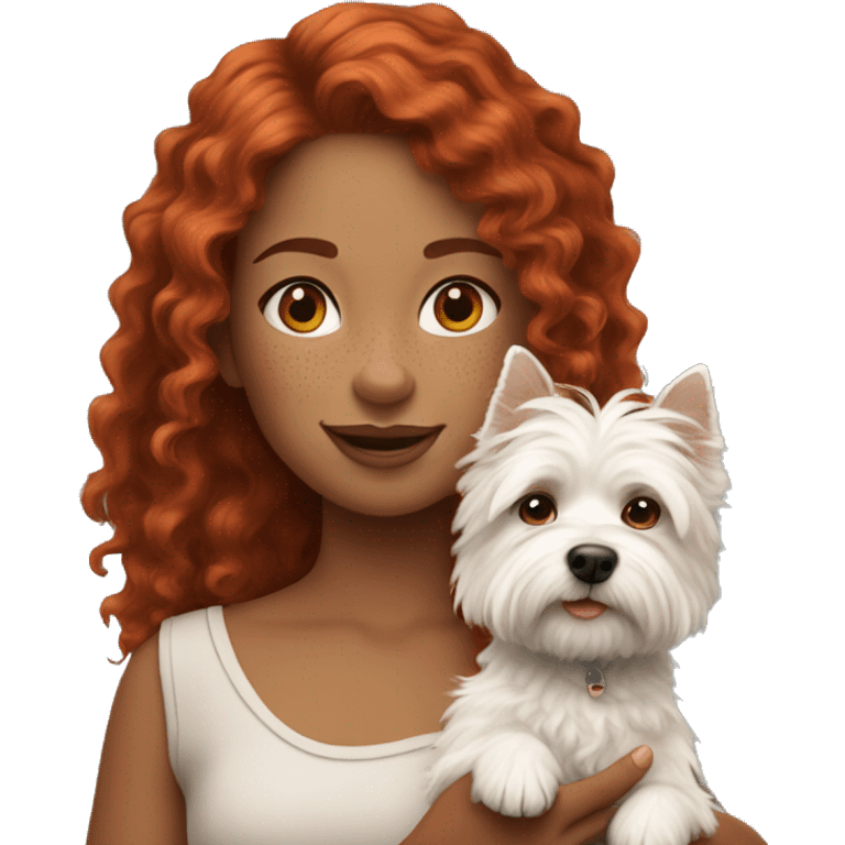 girl with curly red hair and freckles holding a west highland terrier emoji