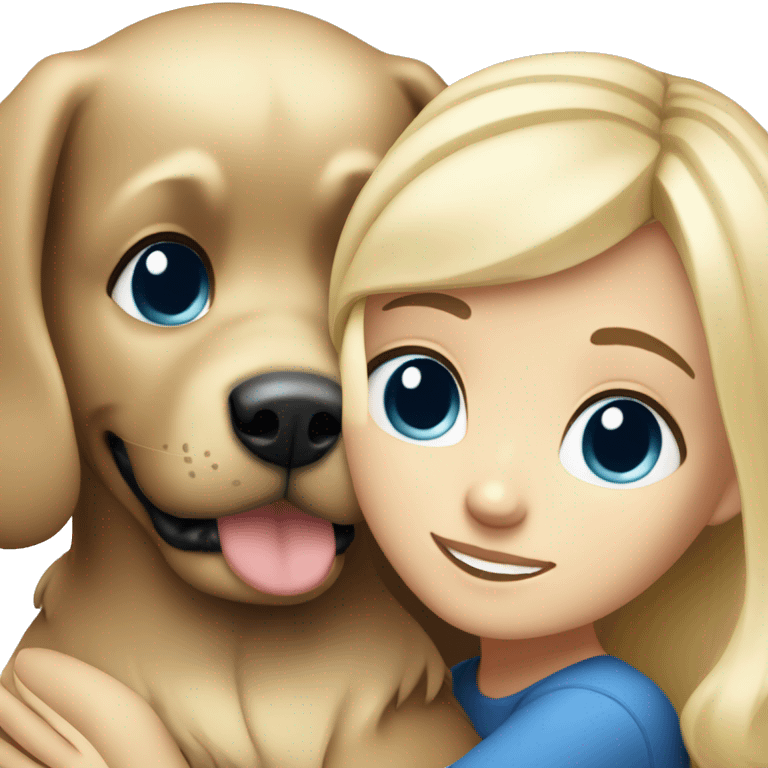 20 years blonde haired girl with blue eyes hugs big dark haired dog emoji