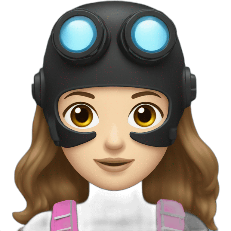 a woman with an a black scubadiver suit. pink dive mask, she has blue eyes inside the dive mask. brown long and straight hair emoji