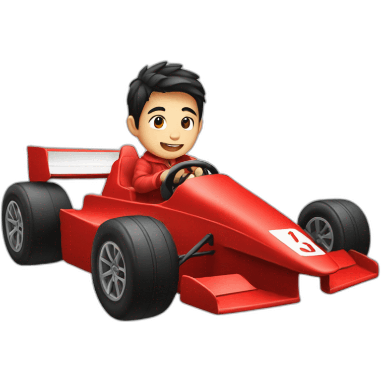 Asian boy in a F1 red car  emoji