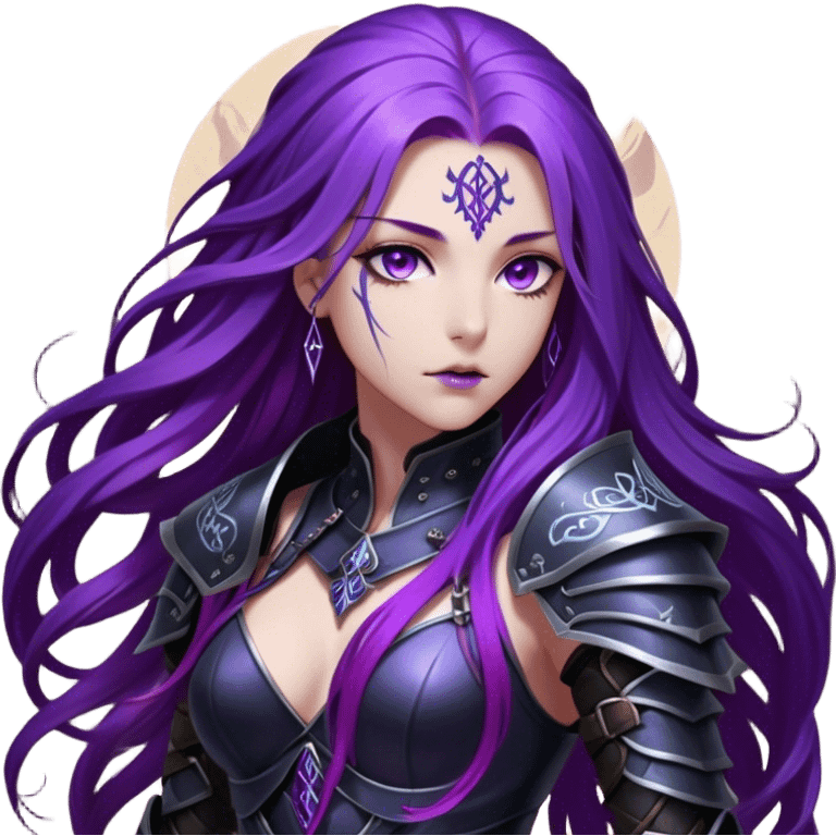 A mysterious warrior girl with long, flowing purple hair cascading down her back, strands catching the dim light like silk. Her piercing violet eyes glow. She wears sleek black armor, a perfect fusion of elegance and lethality, adorned with intricate silver engravings resembling ancient runes.  emoji