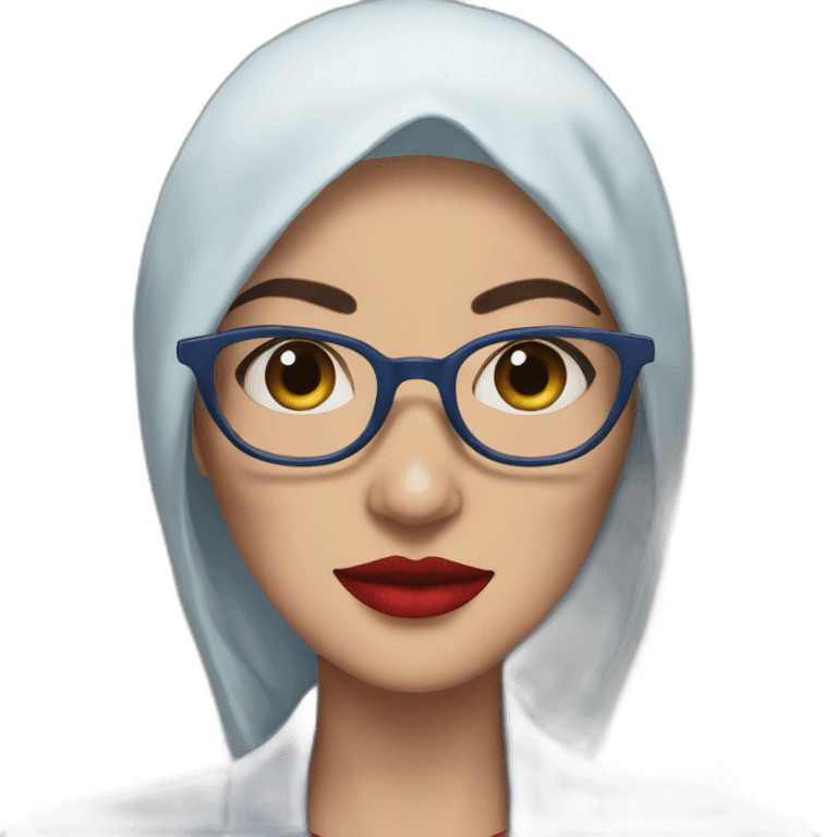 Hijabi white woman with glasses and brown eyes wearing a blue suit and red lipstick emoji