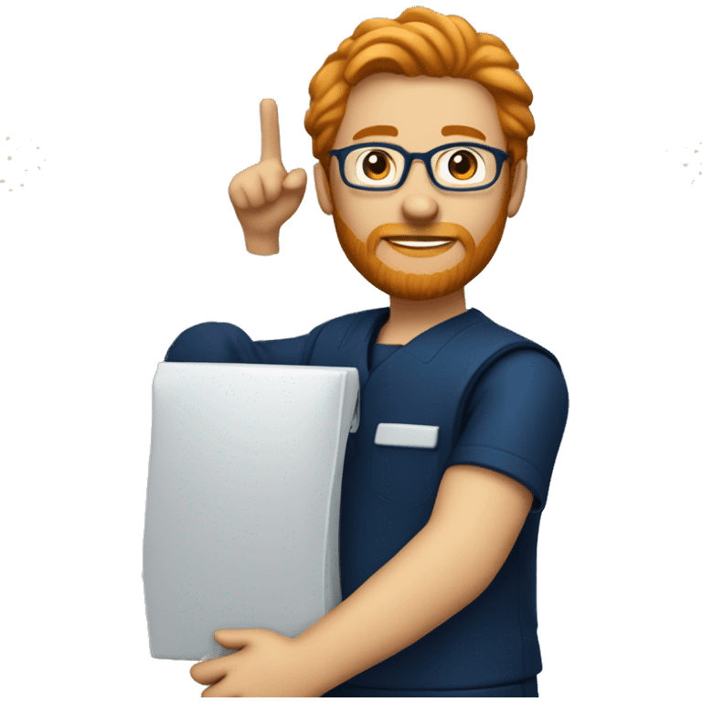 A fast food employee wearing fully dark blue and eyeglass and having a ginger hair and beard emoji