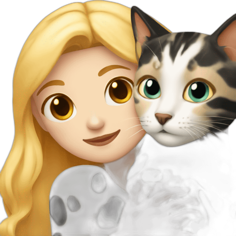 blonde-haired woman cuddling with a white and black and orange spotted cat emoji