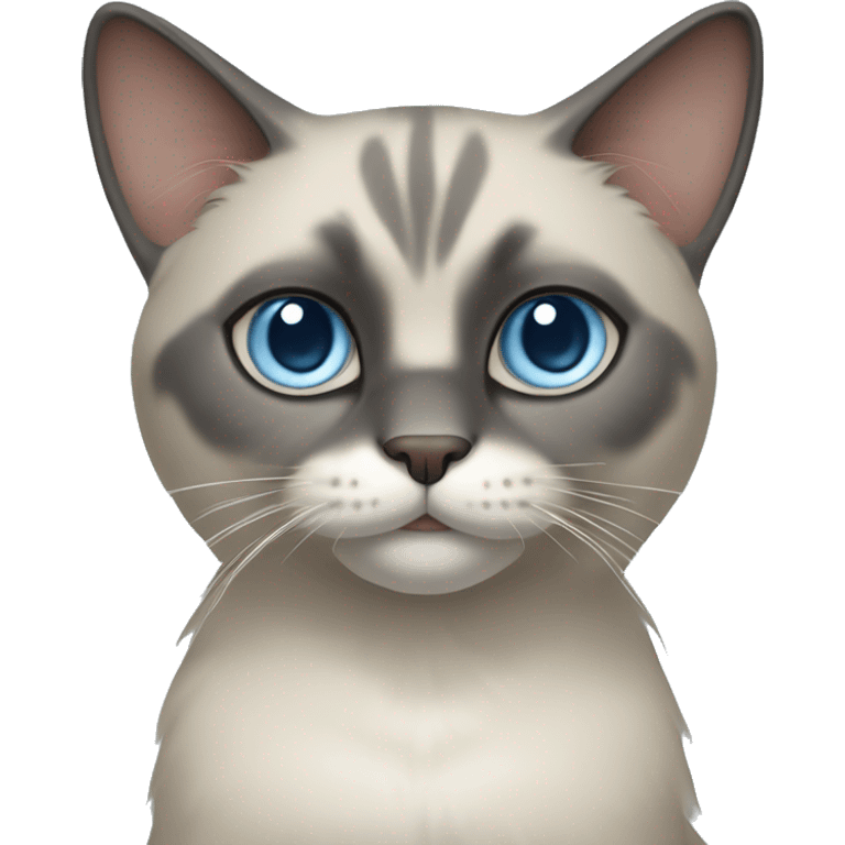 Thai breed cat with a  cream body, dark gray face, ears, and paws. Short fur, sharp ears, and striking light blue eyes with an intense gaze. emoji