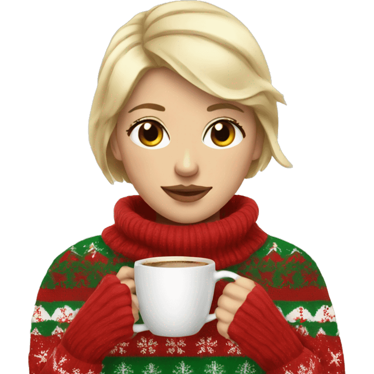 Short haired blonde girl drinking coffee wearing Christmas sweater emoji