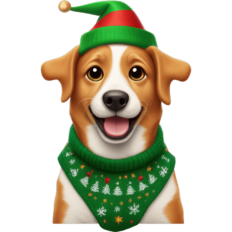 Happy ginger dog wearing an christmas elf jumper emoji