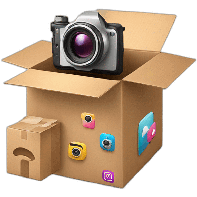 Video Camera, Instagram YouTube icons fly out from the Cardboard box emoji