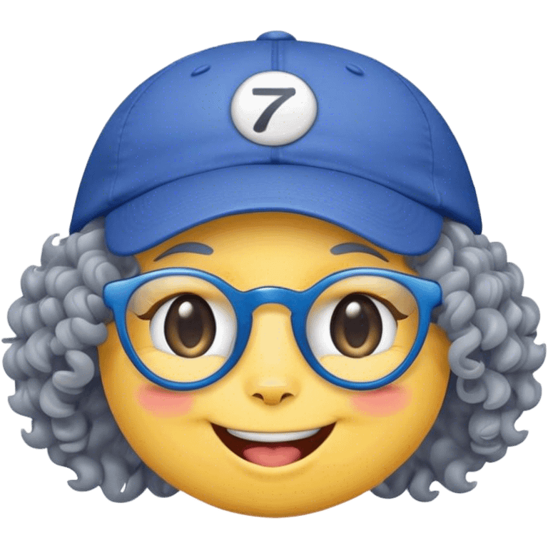 yellow female smiley face emoji, big smile, winking, wearing a backwards blue ball cap, grey curly hair, cat eye glasses, no eye colo emoji