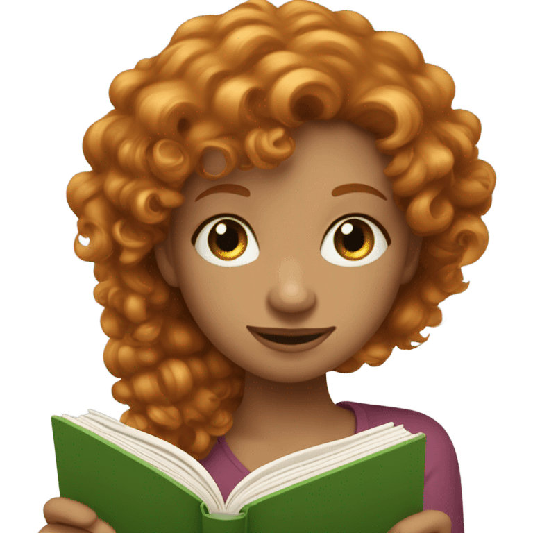 Ginger curly haired girl reading book, green eyed  emoji