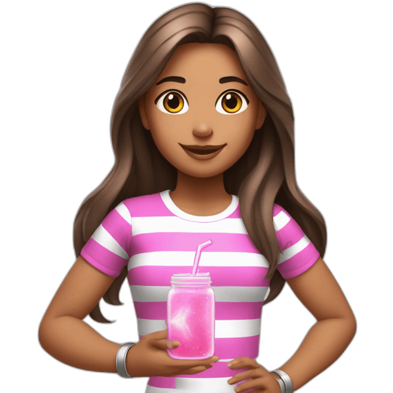 fitness girl with straight long brown hair, wearing silver bracelets and a full white stripes tops and holding a pink magic potion emoji