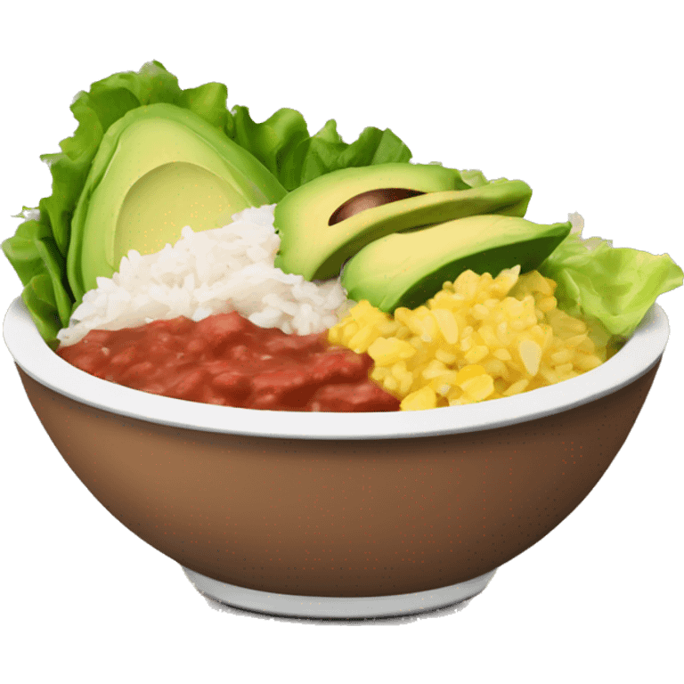 Chipotle bowl with lettuce, chicken, rice, avocado and salsa emoji