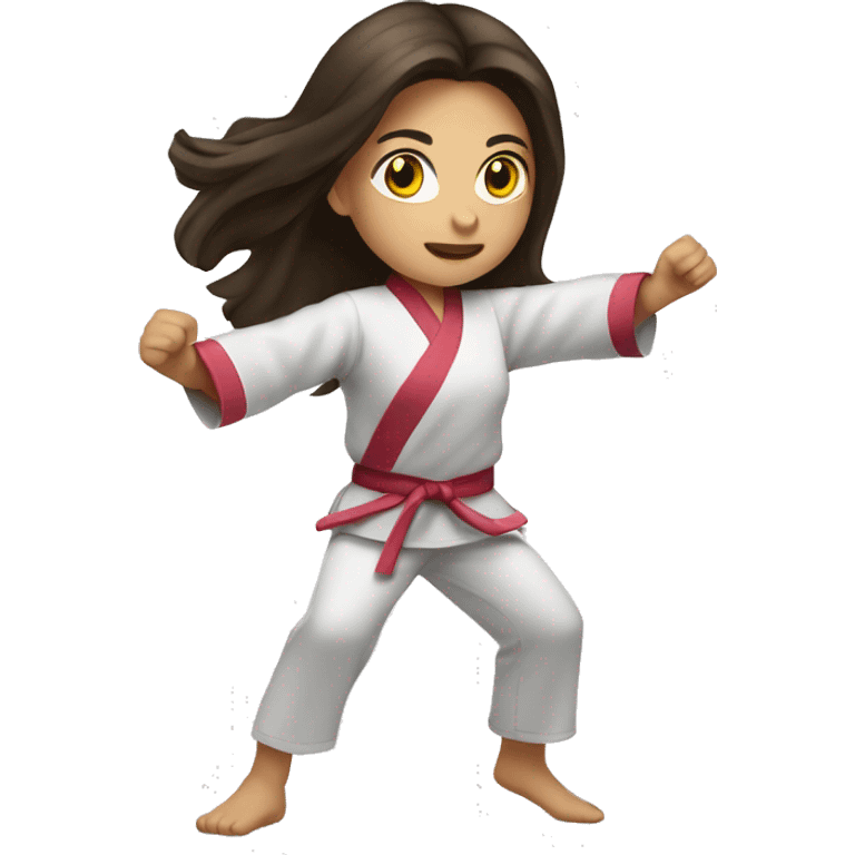 Girl doing power karate stance with her hands up and long, brunette hair emoji