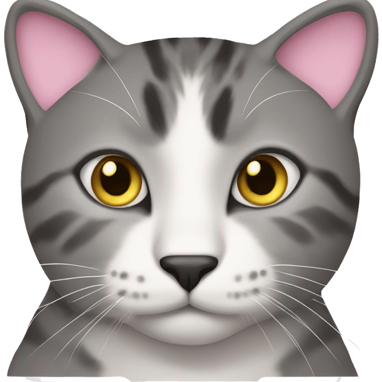 Cat with clear white face, little black spot like mustache under nose, pink ears, and full forehead and under ears the fur is black, yellow eyes, no stripes emoji