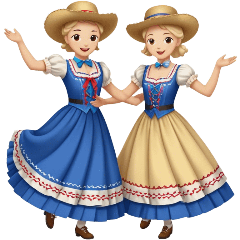 Cinematic Realistic scene of two square dancers in traditional American folk costumes, captured in joyful, coordinated motion with vibrant, rustic lighting that highlights their cultural heritage emoji