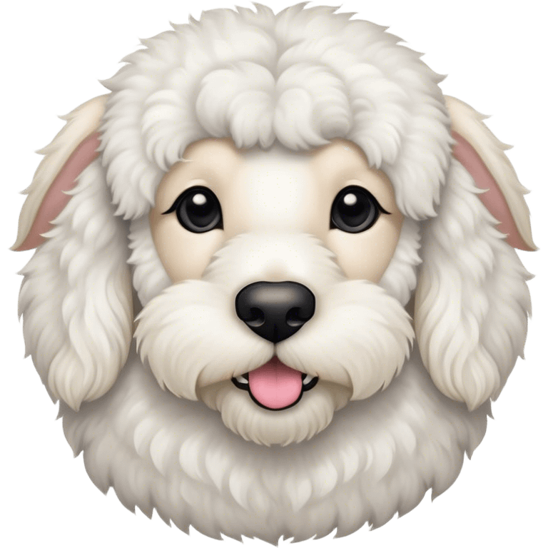 White Sheepadoodle with a black fur eyebrow emoji