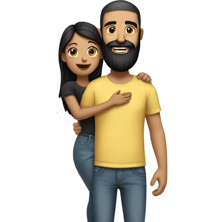 Indian Beard guy with bald head in a tshirt and jeans right hand hugging girl with black hair and wearing adress emoji