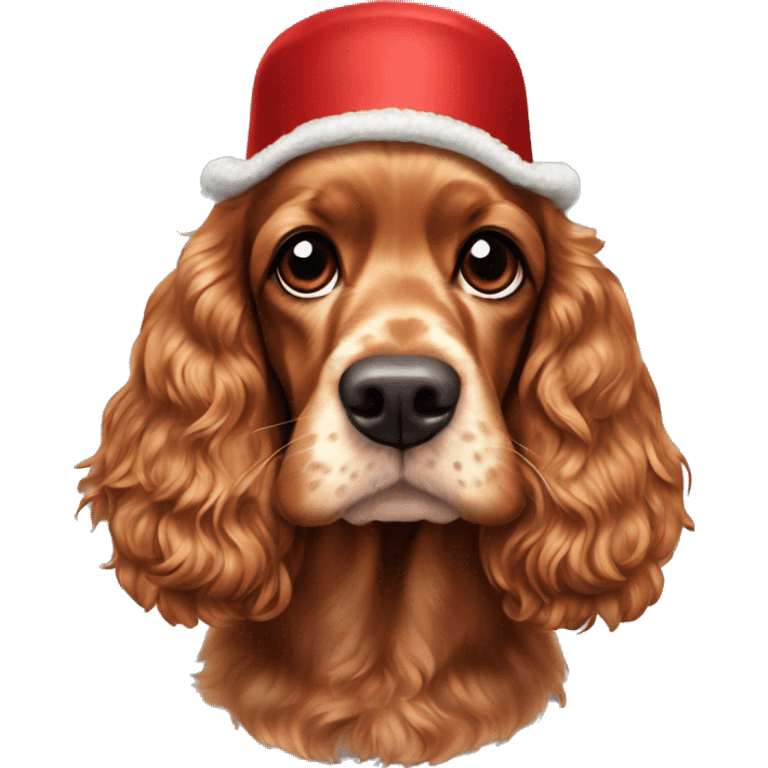 A full-length adult red cocker spaniel in a New Year's cap emoji