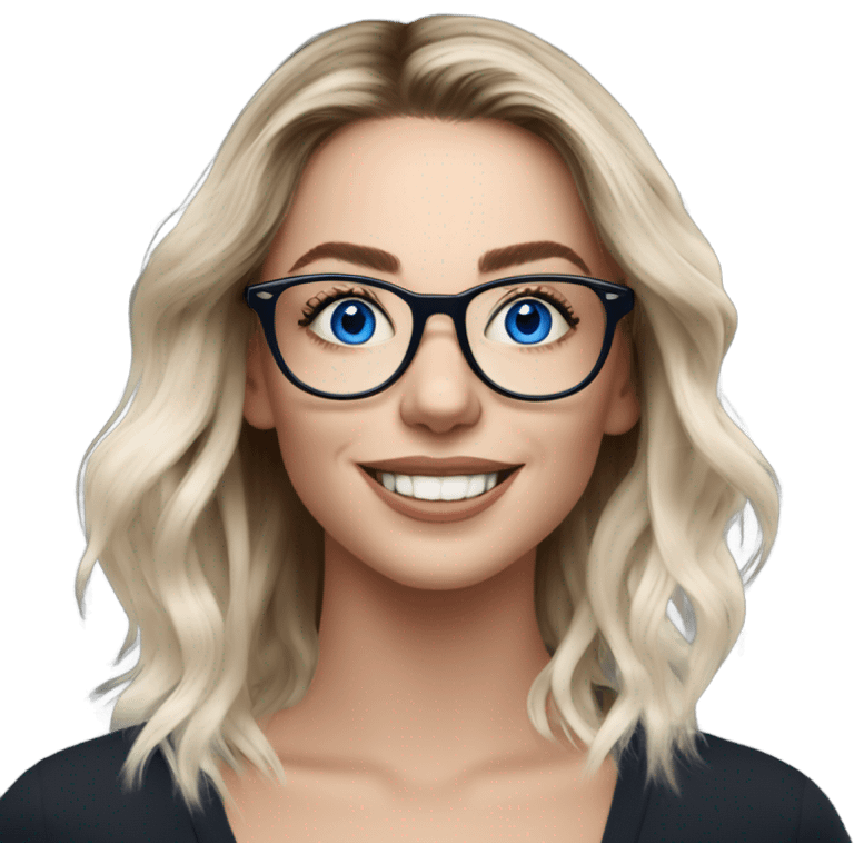 Shoulder length Balayage pale model lady with glasses and blue eyes happy  emoji