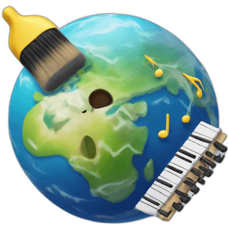 Big planet earth with small music notes and brush around emoji