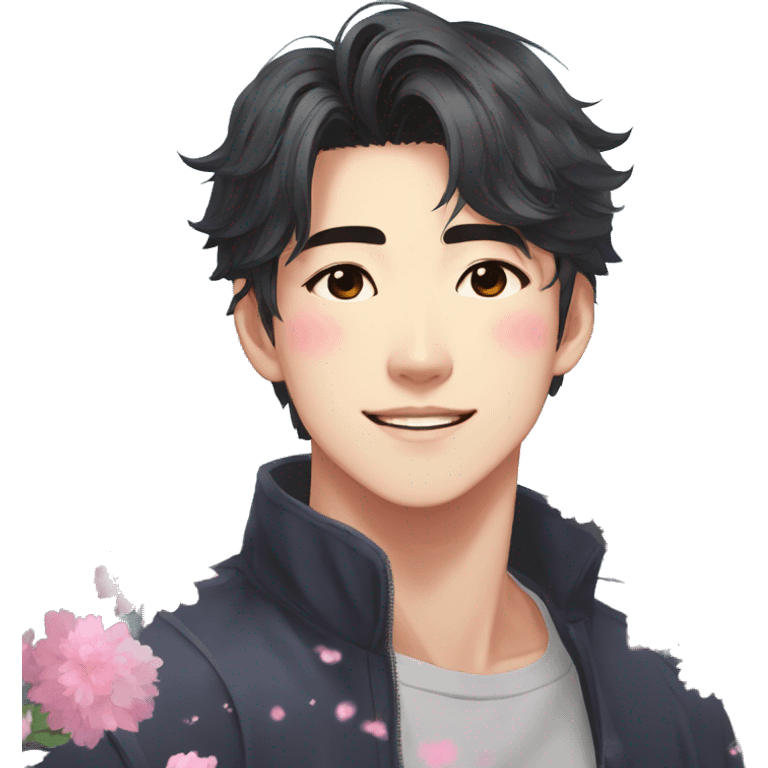 Gorgeous bright sparkly romantic Asian anime style guy with blushing face and flowers aesthetic trending style outside emoji