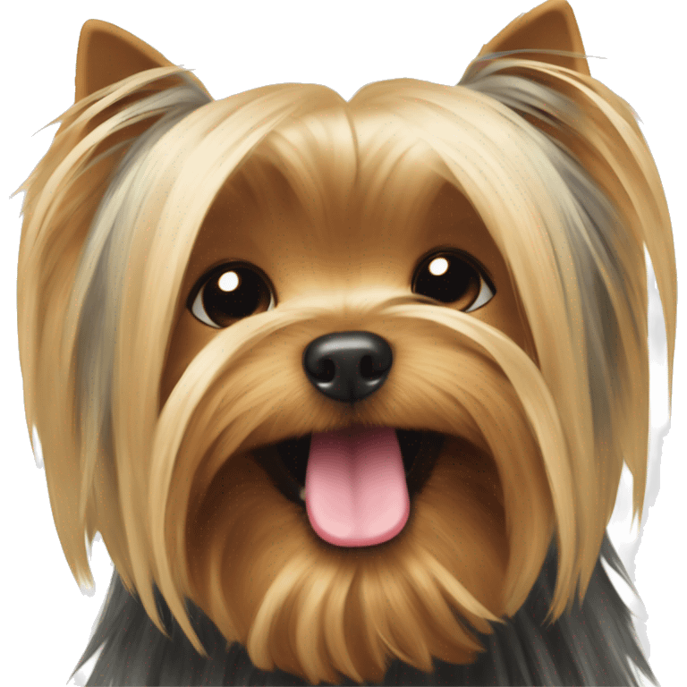 Yorkshire Terrier, very long hair covering his eyes, smiling, tongue out, blinking  emoji