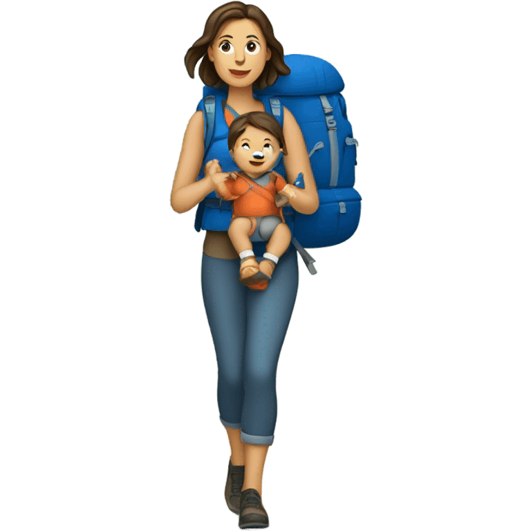 Brunette white Woman hiking with a baby in a blue backpack carrier emoji