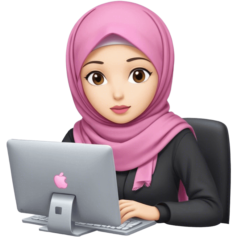 white skin hijab scarf woman working in computer. Her outfit is white, her lips is pink, her expression is focused on computer emoji