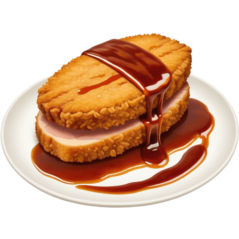 Tonkatsu Cinematic Realistic Tonkatsu Dish Emoji, depicted as a golden, crispy pork cutlet drizzled with tangy BBQ sauce, rendered with detailed textures and dynamic, appetizing lighting. emoji