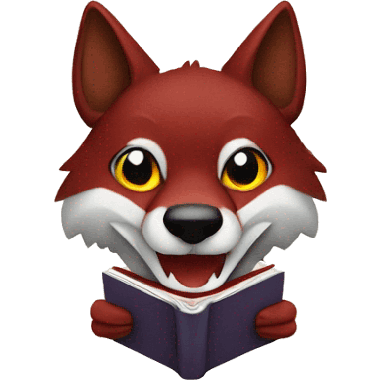 A red wolf with white fangs holds a book emoji