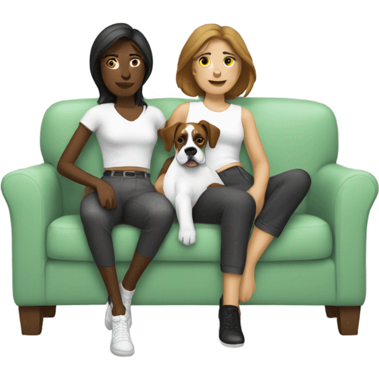 Two women with white boxer on couch emoji