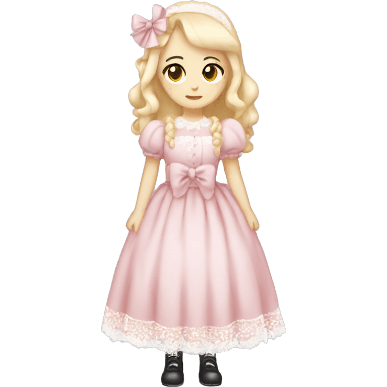 full body, girl standing, pale skin, long blonde hair, wearing lolita pink dress with white lace, wearing a pretty white bow on top of her head emoji