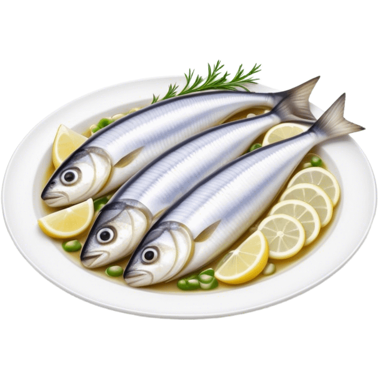 Cinematic Realistic Herring Dish Emoji, showcasing a traditional preparation of fresh herring with onions rendered with lifelike detail and cool, crisp lighting. emoji