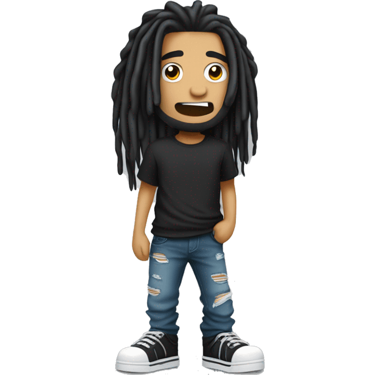 3D cartoon character, Indonesian man with long black dreadlocks, wearing a black rocker t-shirt and ripped jeans, wearing a watch emoji