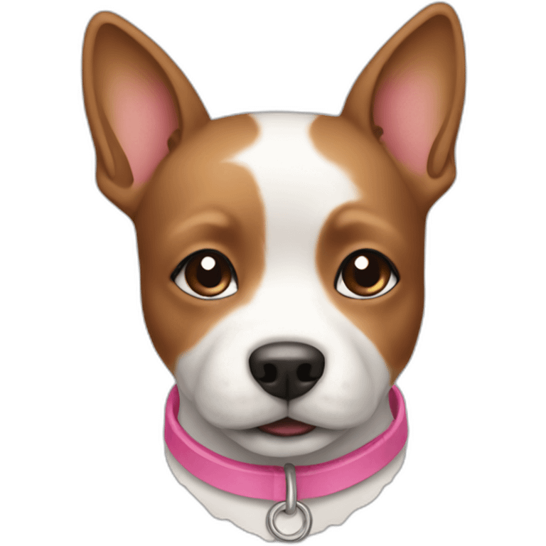 A small dog, white and brown, with a pink collar. emoji