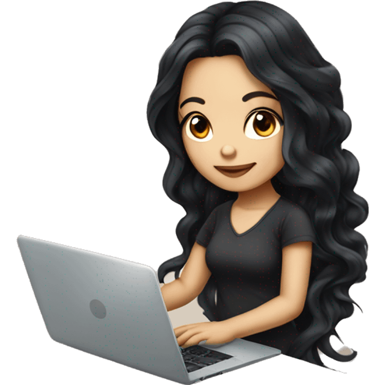 beautiful girl with tattoos, with long black hair, wavy hair, chinese, with laptop emoji