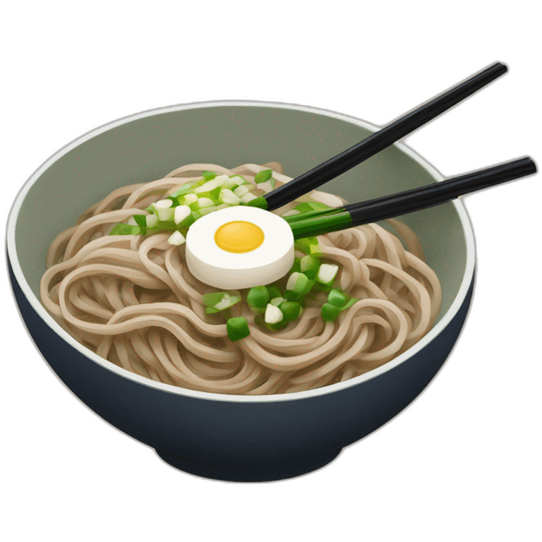 bowl of japanese buckwheat soba noodles with two chopsticks and spring onions emoji