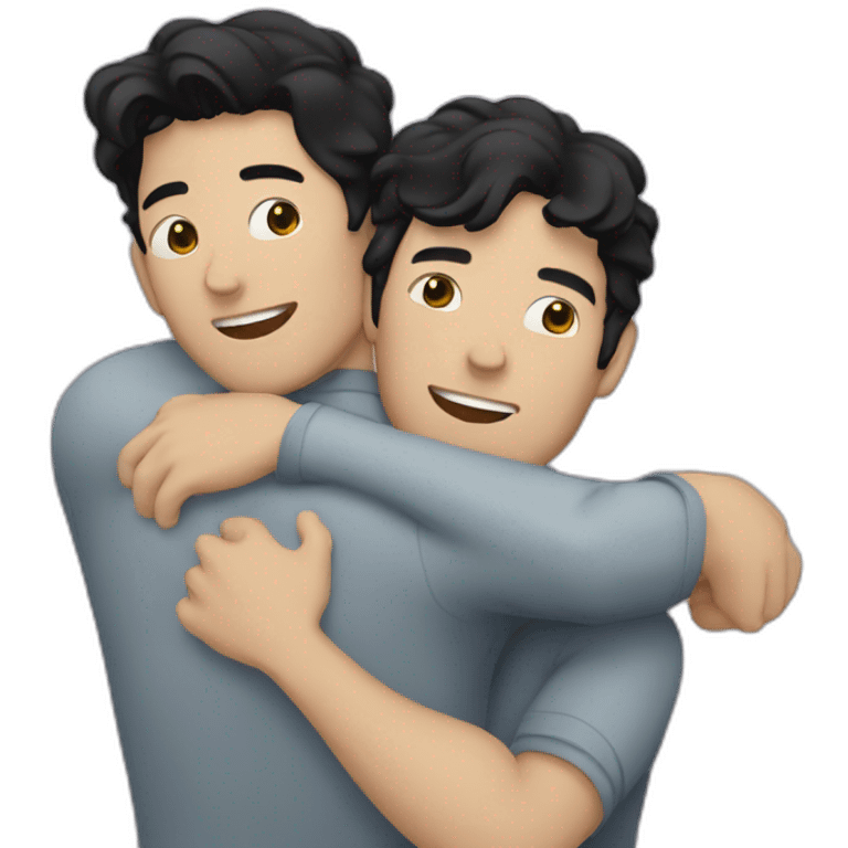 Gay hug between two white men with black hair emoji